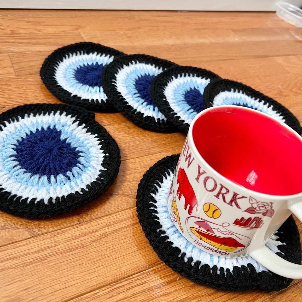 Set of 8 Evil Eye Handmade Crochet Knit Coasters Perfect for cozy time
